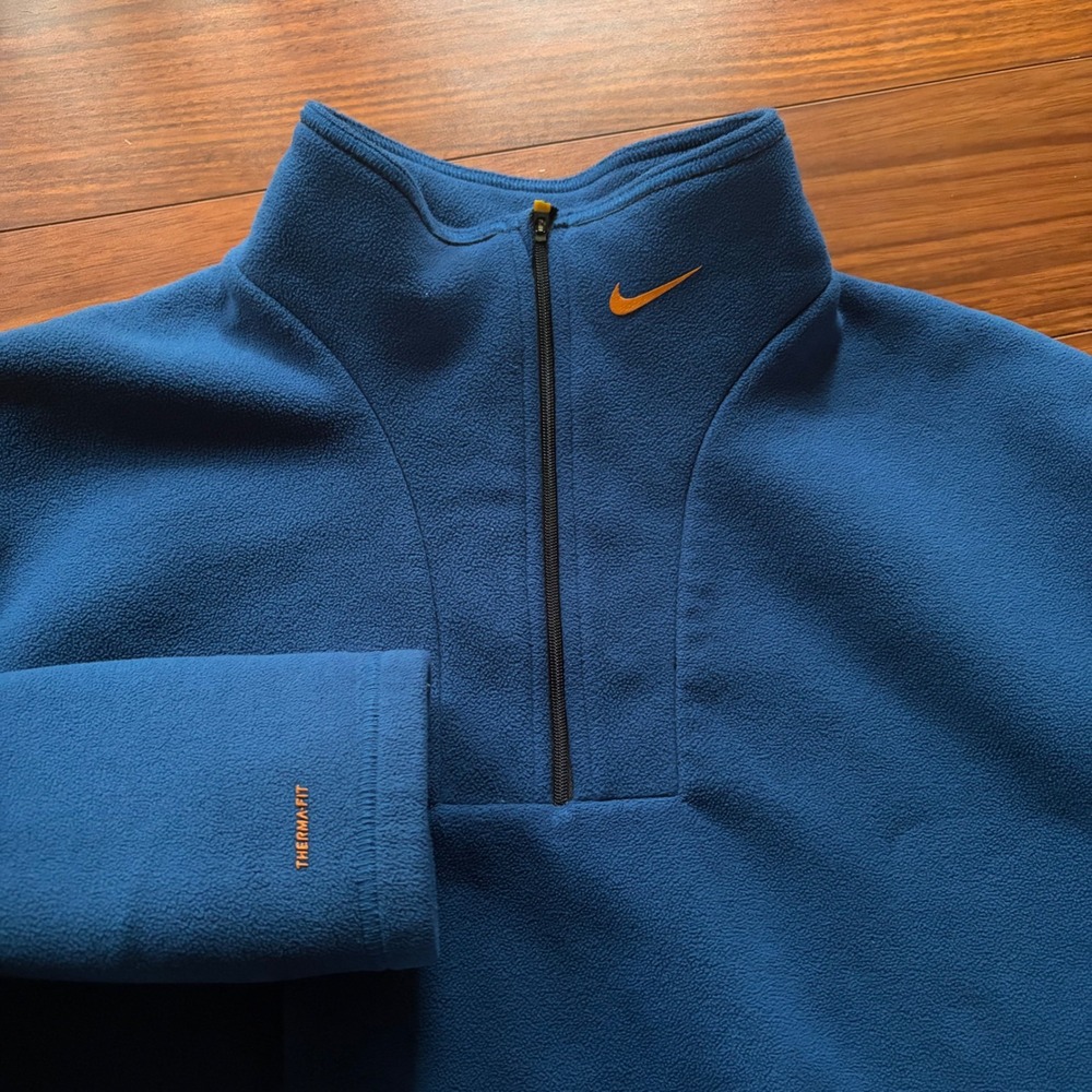 Nike Mens Therma-FIT 1/4 Zip Fleece Pullover Size M Blue Orange Swoosh Active